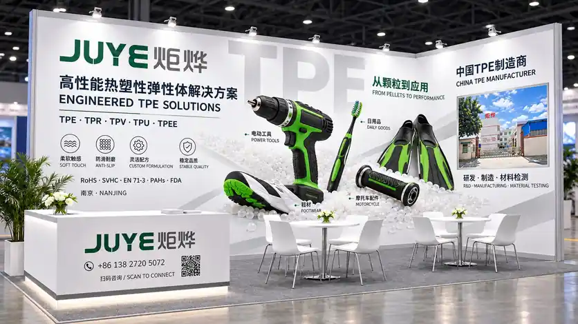 Juye Technology participera à l'Exposition internationale du plastique de Chine 2026 pour présenter les matériaux TPE, TPR, TPV, TPU, TPEE et les services de modification, et fournir une assistance au choix de matériaux TPE ignifuges, TPE antistatiques et de surmoulage sur substrats PC/ABS et PA. Bienvenue pour vos consultations et échanges.